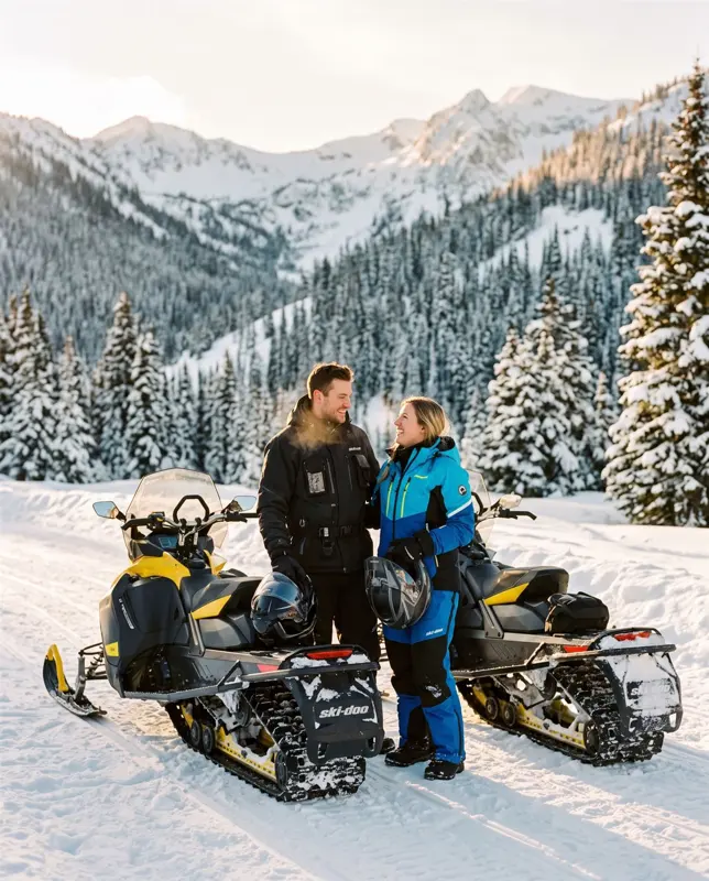 Couple in riding gear beside two snowmobiles at a mountain trailhead