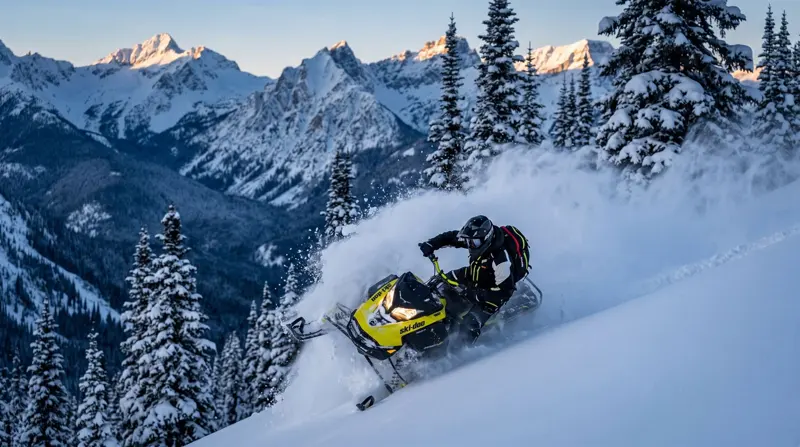 Mountain snowmobile carving deep powder