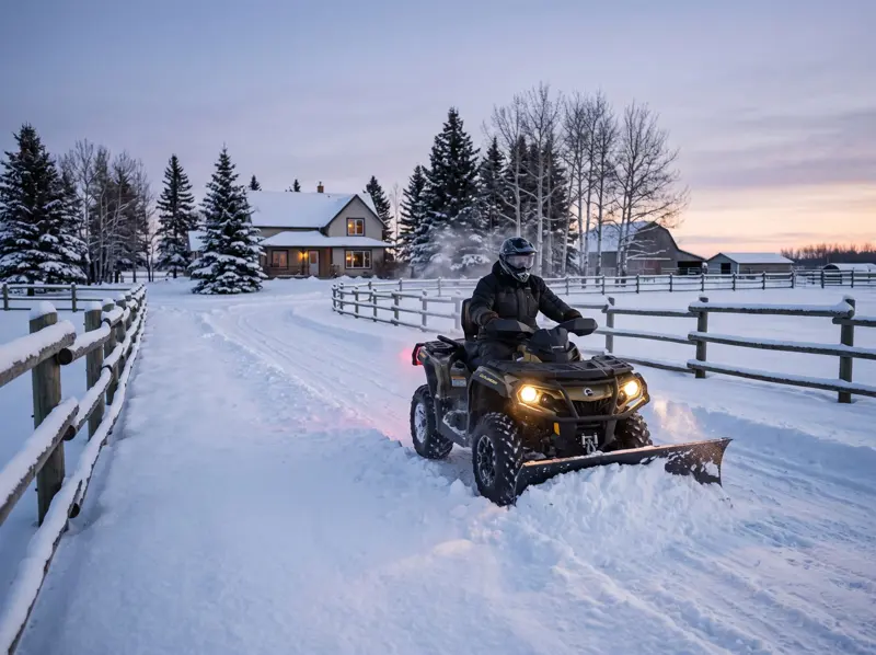 Quad with a snow plow clearing a rural driveway