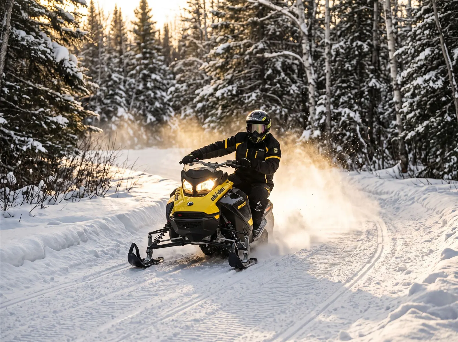 Trail snowmobile riding a groomed forest trail at golden hour