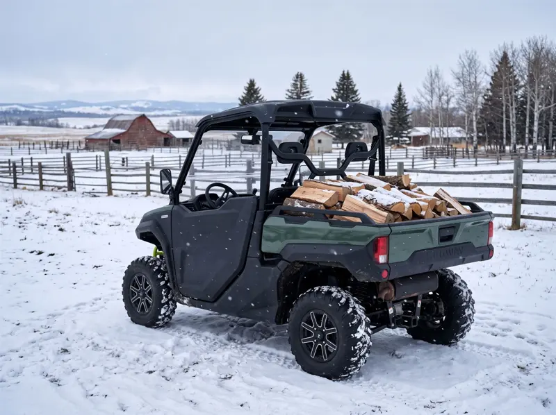Segway Fugleman utility side-by-side loaded with firewood on a snowy ranch